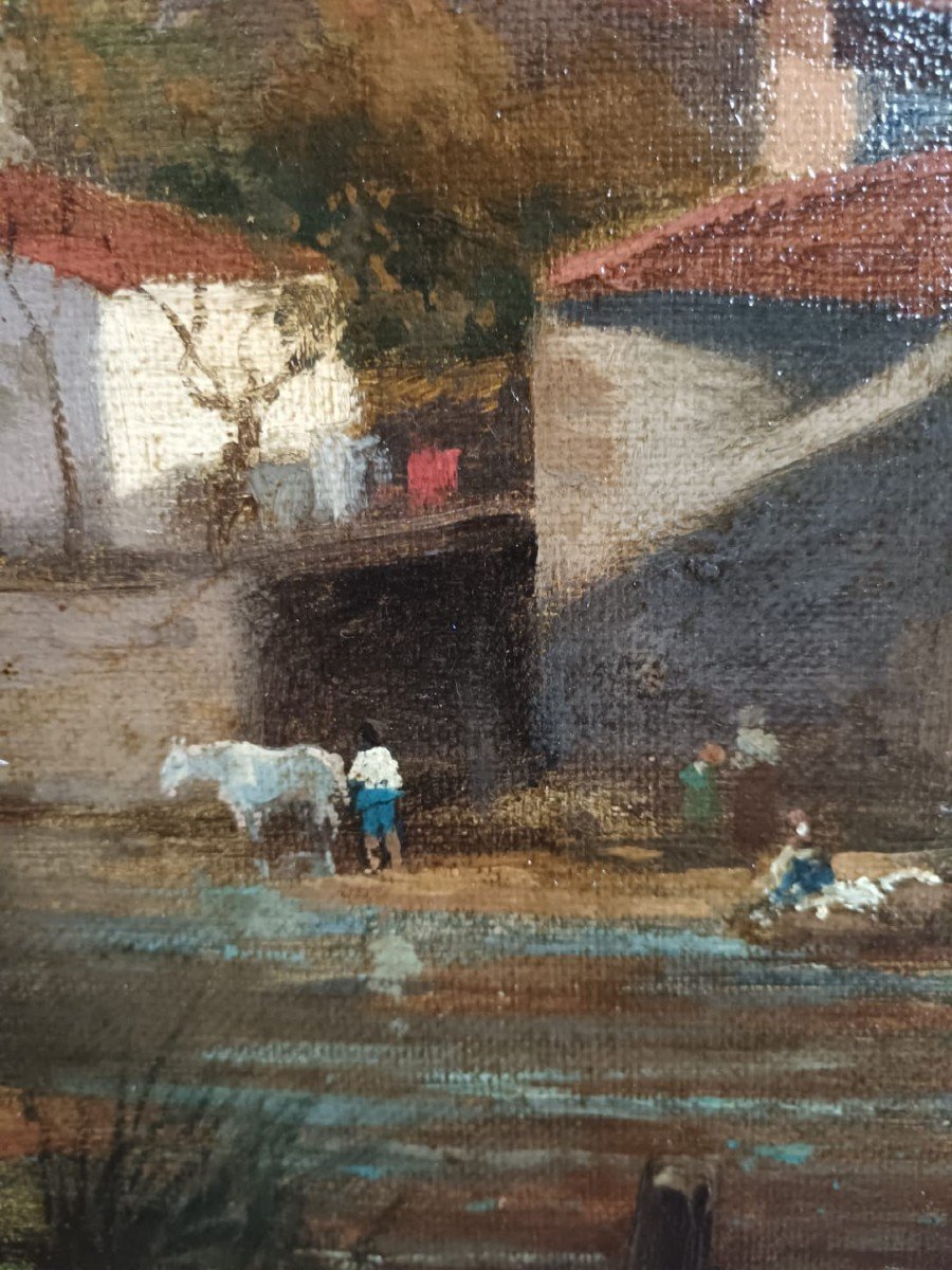 Huile sur toile "activités villageoises en bord de rivière" 52,5 X 34,3 Cm-photo-2