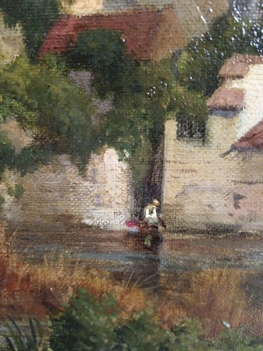 Huile sur toile "activités villageoises en bord de rivière" 52,5 X 34,3 Cm-photo-4