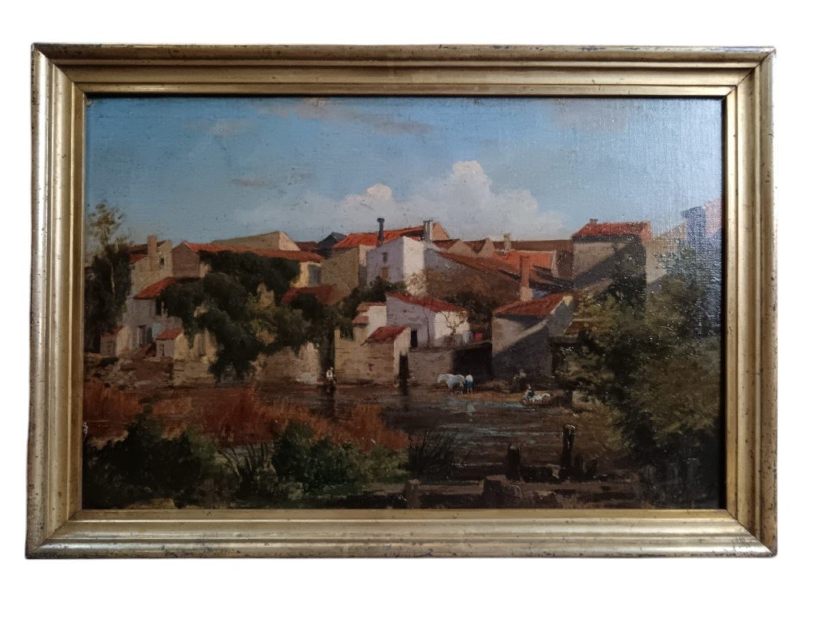 Huile sur toile "activités villageoises en bord de rivière" 52,5 X 34,3 Cm