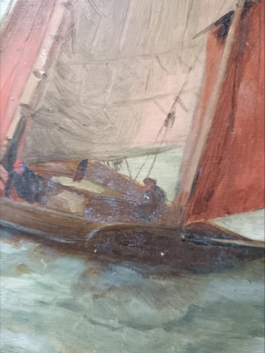 Ch. Picard. Huile sur carton "vapeur devançant un bateau de pêche" 40,8 X 32,1 Cm-photo-1