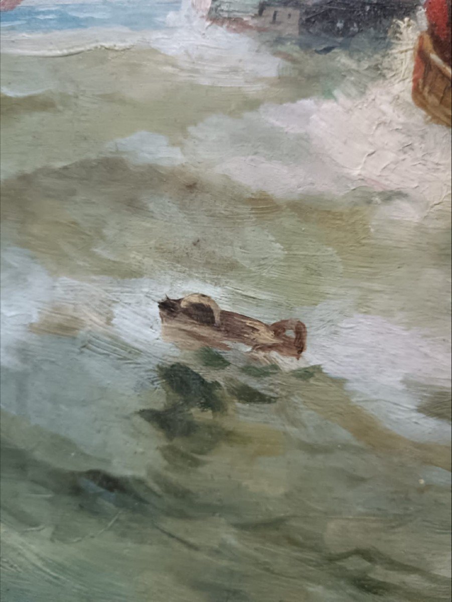 Ch. Picard. Huile sur carton "vapeur devançant un bateau de pêche" 40,8 X 32,1 Cm-photo-3