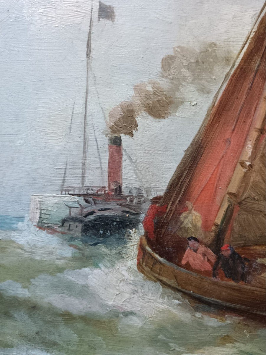Ch. Picard. Huile sur carton "vapeur devançant un bateau de pêche" 40,8 X 32,1 Cm-photo-5