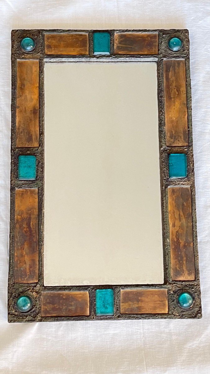 Irena Jaworska. Copper And Talosel Mirror With Stone Decor. 64 X 40 Cm