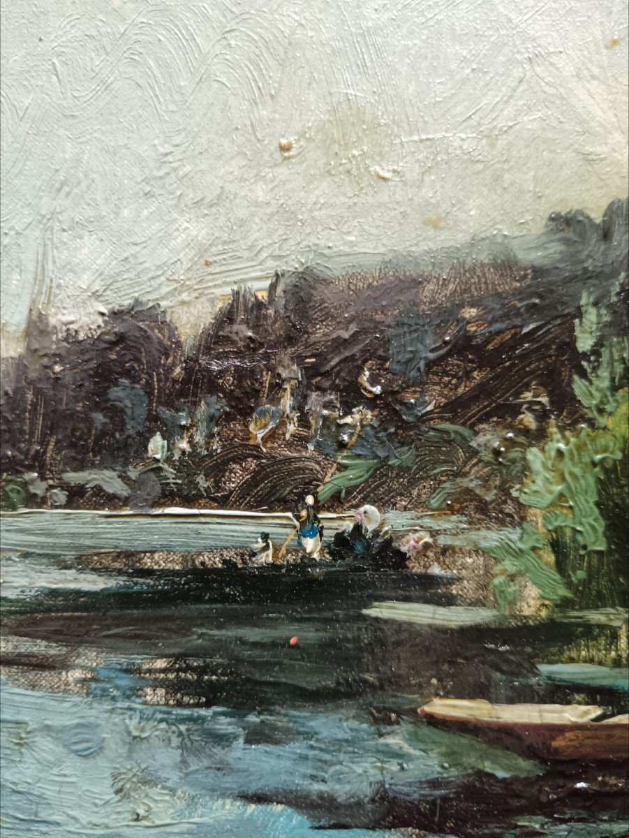 Alexandre René Véron. Huile sur toile "pêcheurs au bord de l'eau" 46,3 X 27,2 Cm-photo-5