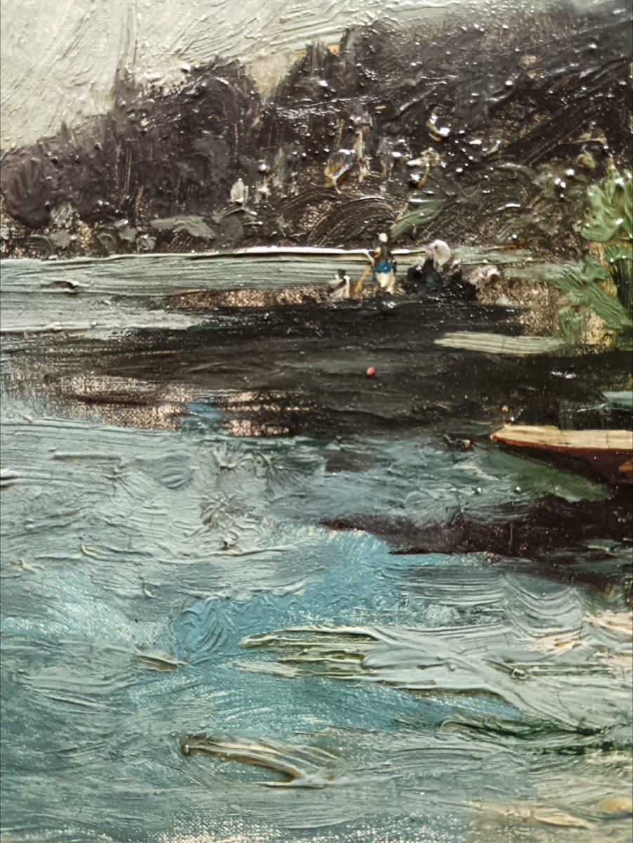 Alexandre René Véron. Huile sur toile "pêcheurs au bord de l'eau" 46,3 X 27,2 Cm-photo-6