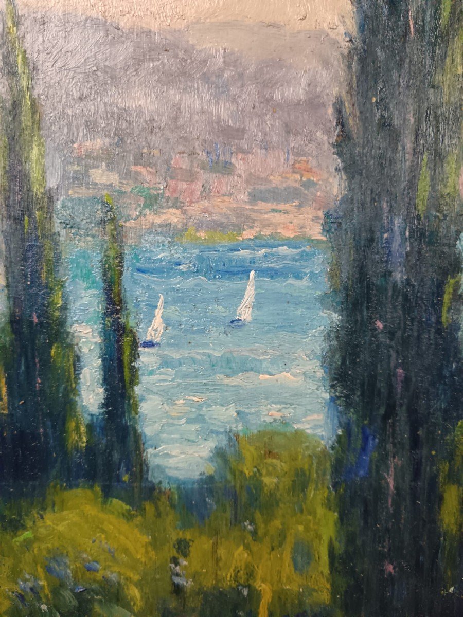 Charles Menneret. Huile sur panneau de contreplaqué "harmonie azuréenne" 62 X 44,4 Cm-photo-3