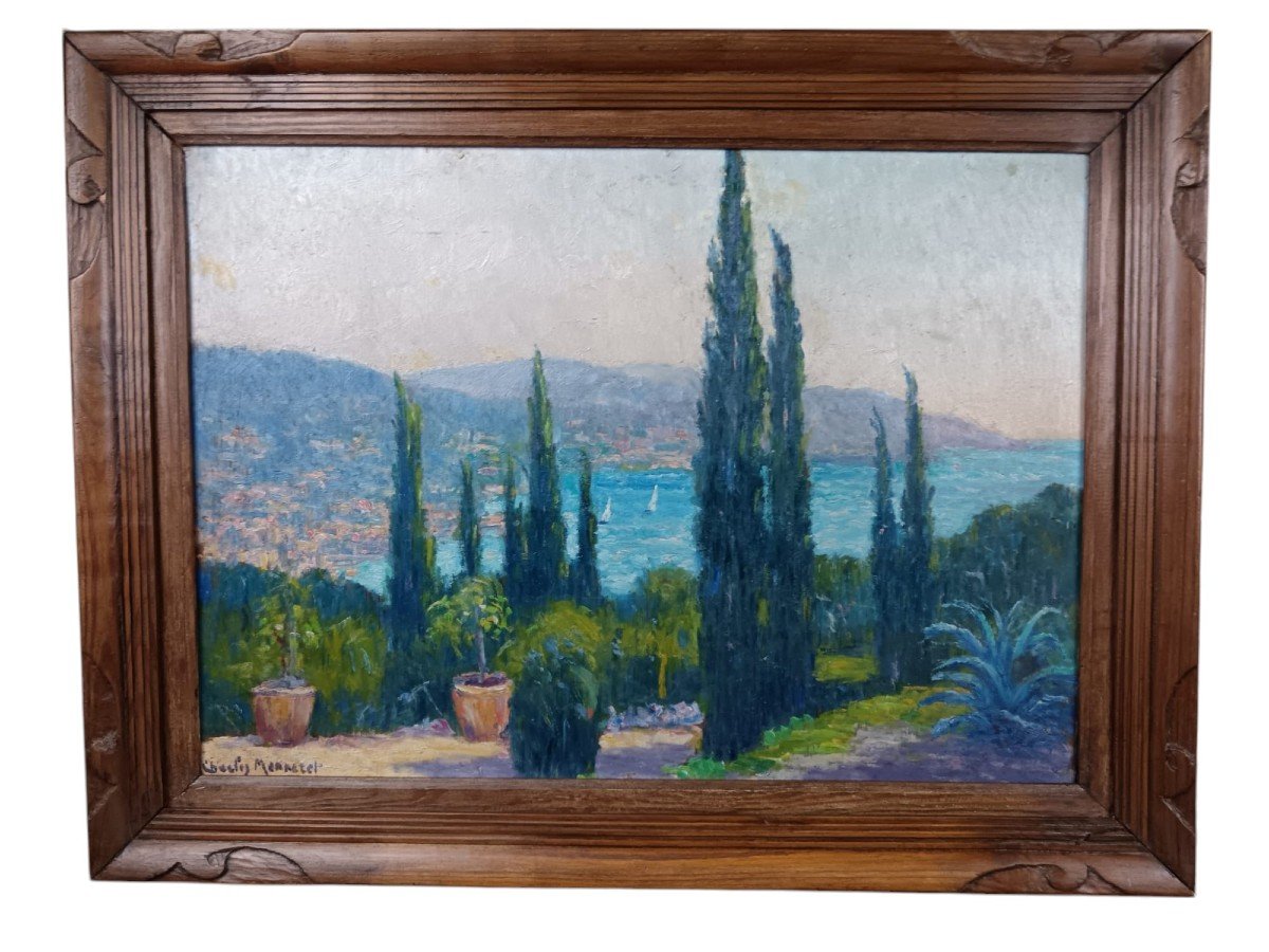 Charles Menneret. Huile sur panneau de contreplaqué "harmonie azuréenne" 62 X 44,4 Cm