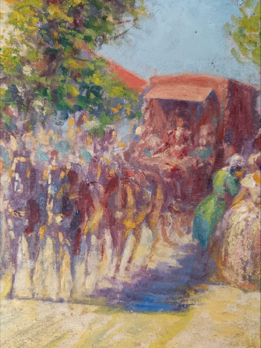 Georges Maury. Oil On Canvas "the Arrival Of The Stagecoach" 46 X 38 Cm-photo-2