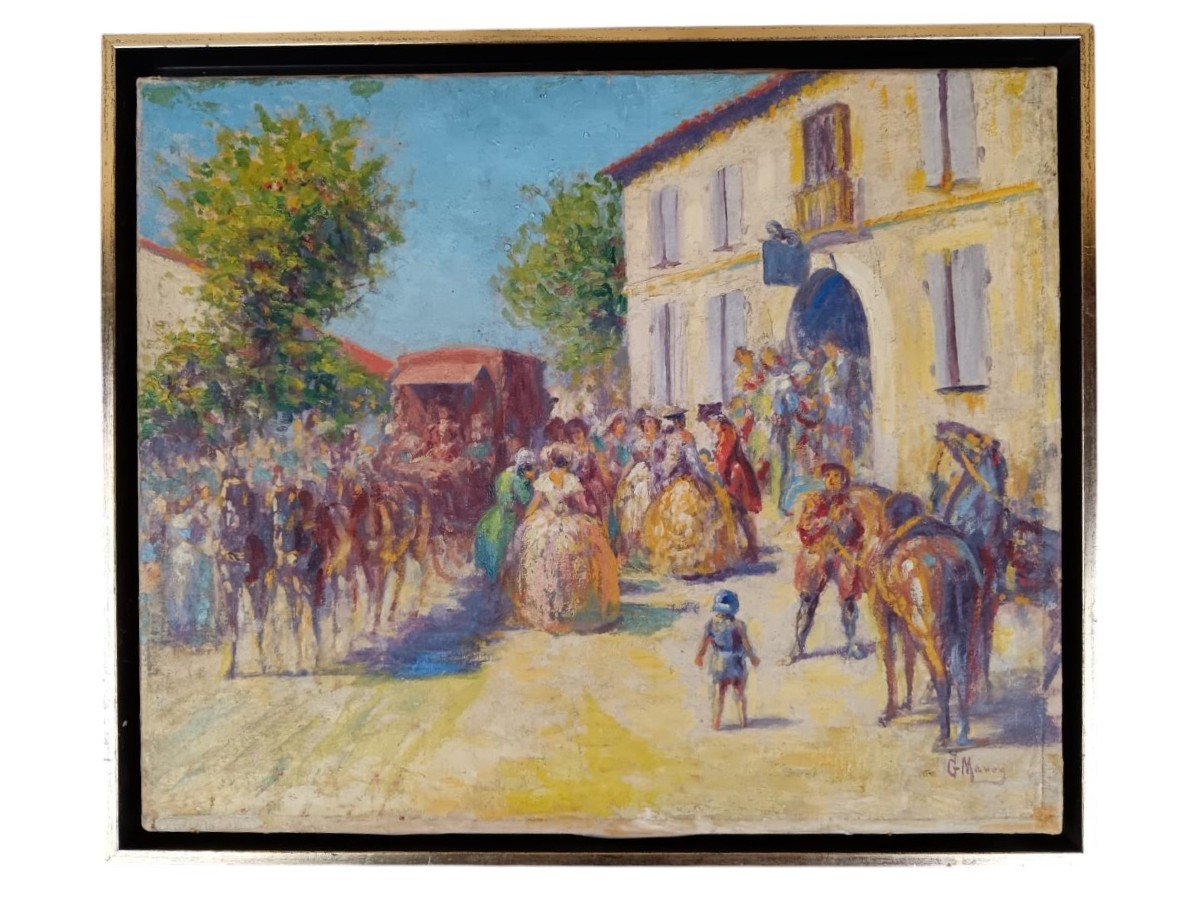 Georges Maury. Oil On Canvas "the Arrival Of The Stagecoach" 46 X 38 Cm
