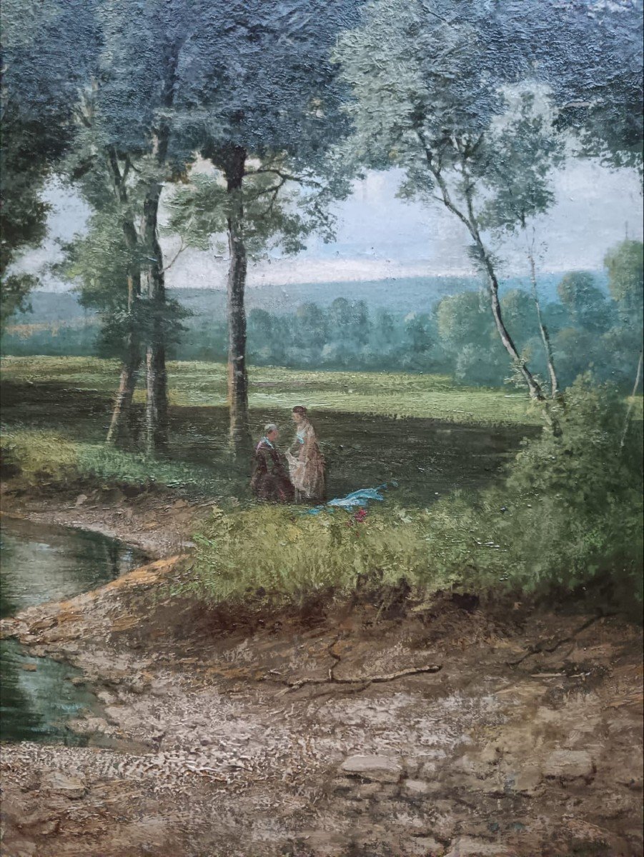 Jean-Jean Cornu. Huile sur toile "petite pose au bord de l'eau" 100,8 X 62,5 Cm-photo-6