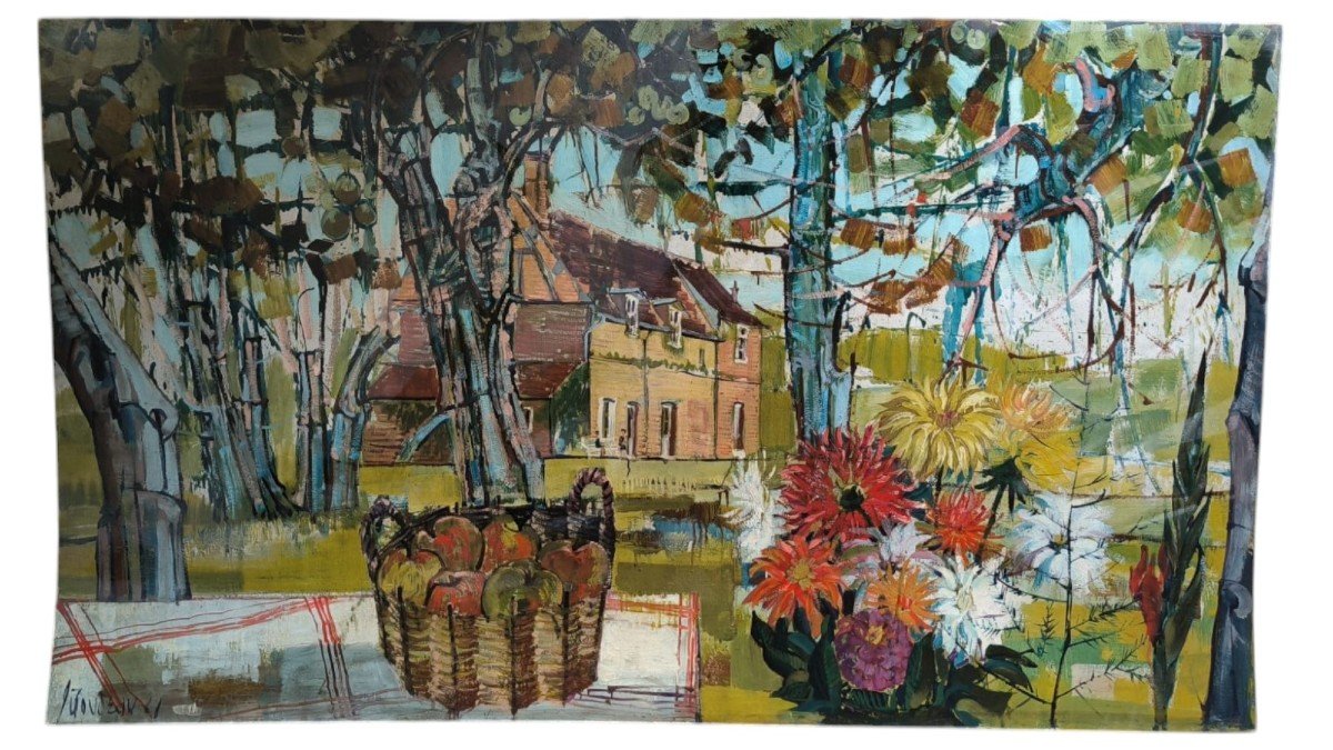 Huile sur panneau d'isorel "fleurs et fruits dans le parc de la grande chaumière" 183 X 106 Cm