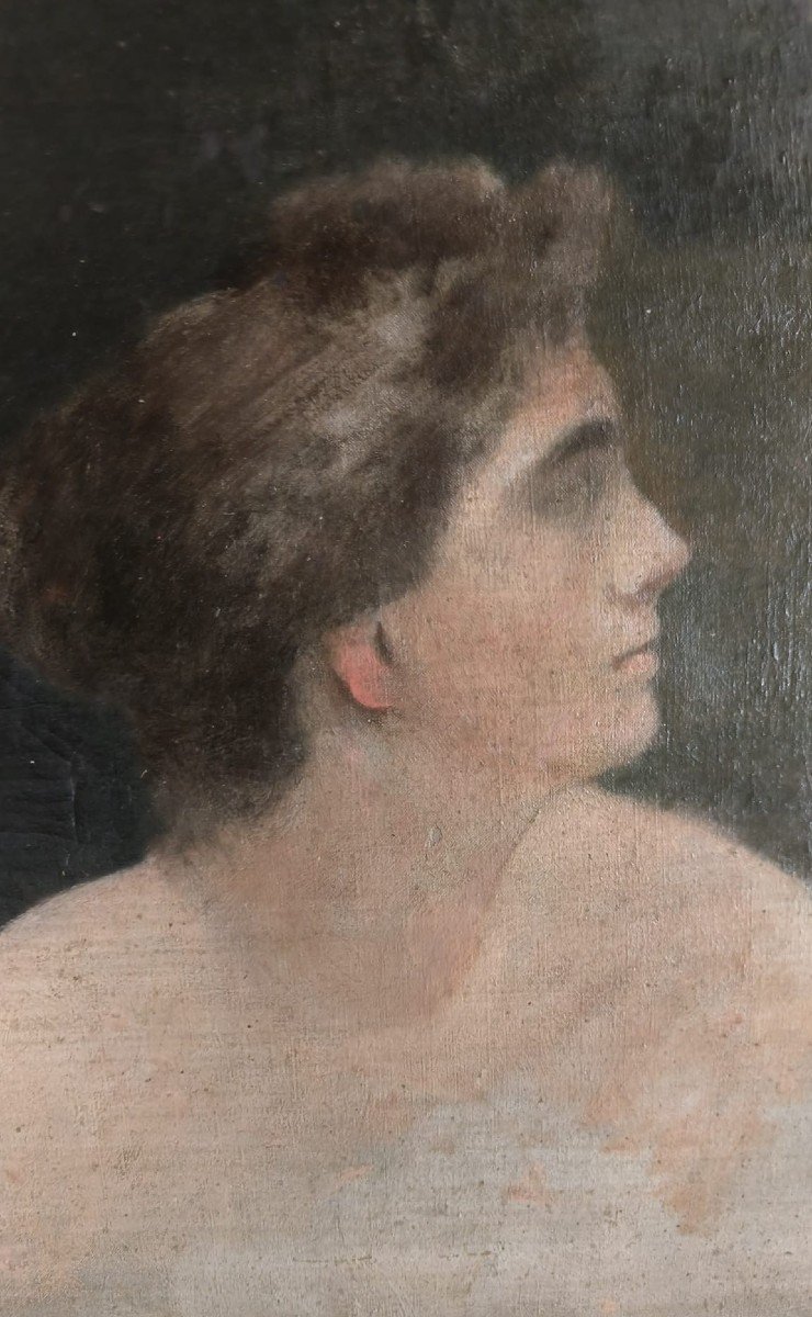 Oil On Canvas "study Of A Young Girl In Profile" 66.5 X 40.5 Cm-photo-2