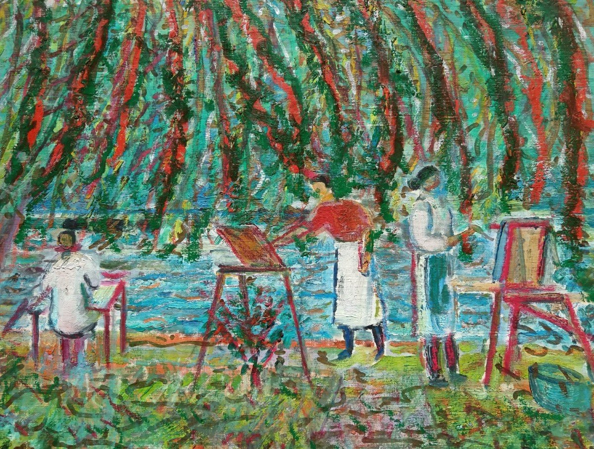 Robert Savary. Huile sur toile "l'atelier Savary peignant à l'automne" 65 X 54,3 Cm-photo-2