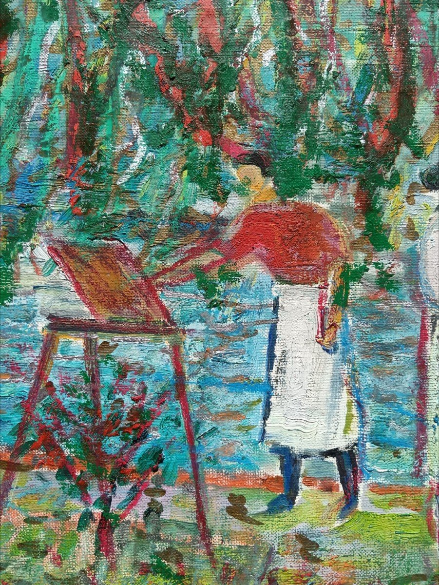 Robert Savary. Huile sur toile "l'atelier Savary peignant à l'automne" 65 X 54,3 Cm-photo-6