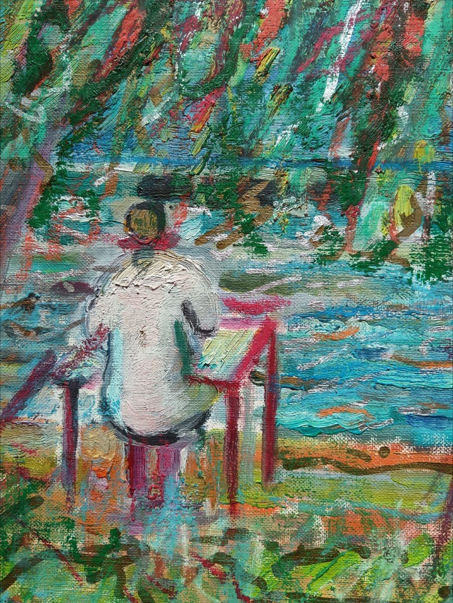Robert Savary. Huile sur toile "l'atelier Savary peignant à l'automne" 65 X 54,3 Cm-photo-8
