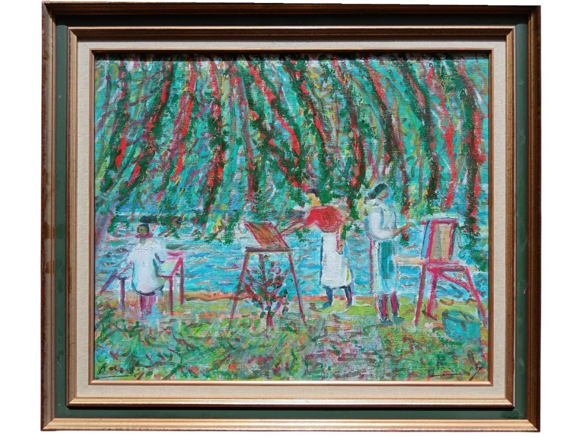 Robert Savary. Huile sur toile "l'atelier Savary peignant à l'automne" 65 X 54,3 Cm