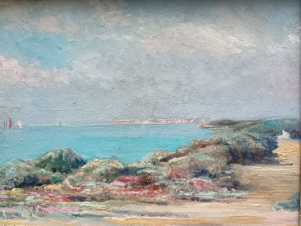 Ecole néo-impressionniste. Huile sur panneau de contreplaqué " voiliers au large" 30 X 24 Cm-photo-3