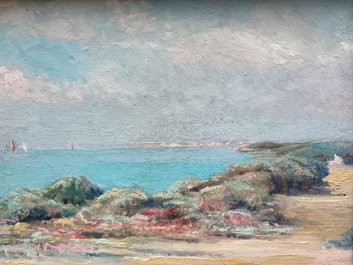 Ecole néo-impressionniste. Huile sur panneau de contreplaqué " voiliers au large" 30 X 24 Cm-photo-1