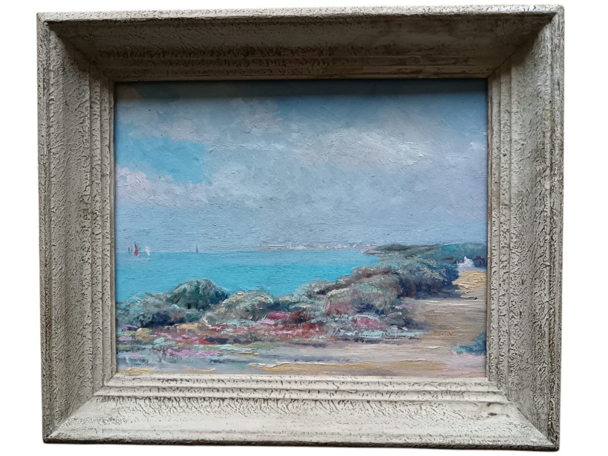 Ecole néo-impressionniste. Huile sur panneau de contreplaqué " voiliers au large" 30 X 24 Cm