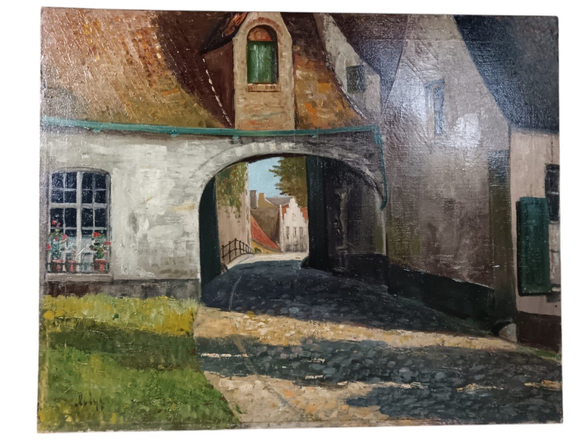Béguinage. Huile sur toile "l'entrée du Béguinage, Bruges" 75,5 X 60,5 Cm