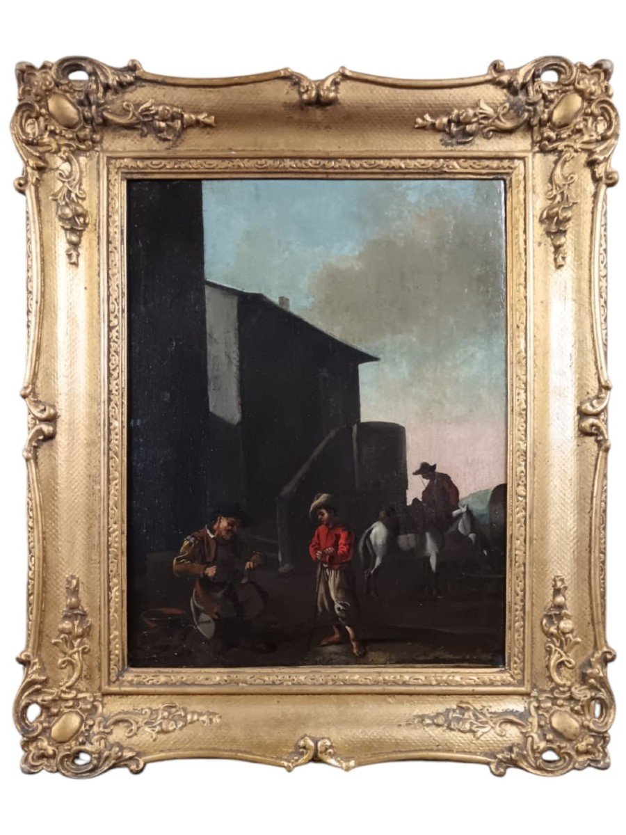 Atelier de Van Laer. Huile sur toile "le cordonnier et le petit voyageur" 48,5 X 38,5 Cm