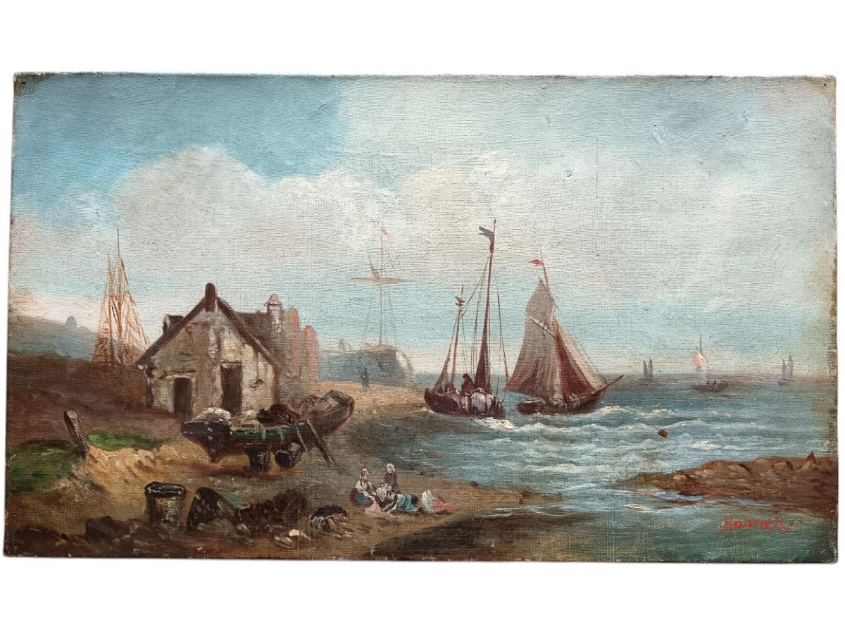 Marine. Paire d'huiles sur toile "opération de sauvetage" et" femmes se reposant sur la grève"-photo-3