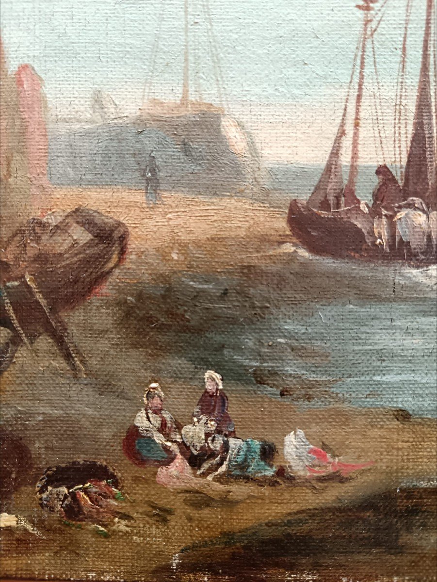 Marine. Paire d'huiles sur toile "opération de sauvetage" et" femmes se reposant sur la grève"-photo-2