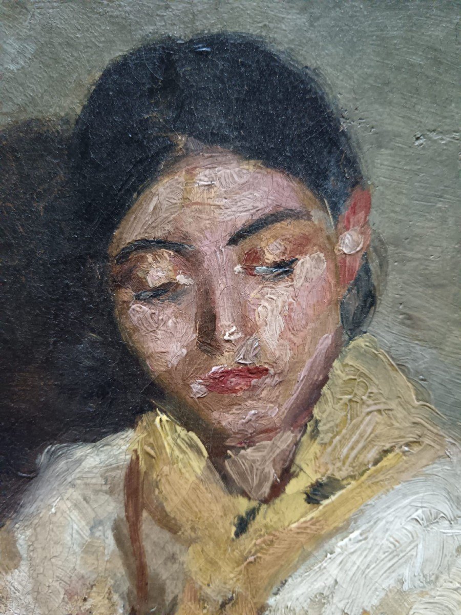 Oil On Canvas "young Girl Playing The Guitar" 41.2 X 33.2 Cm-photo-4