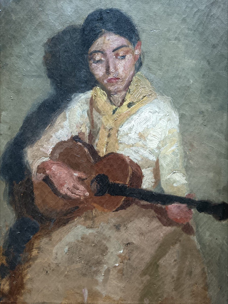Oil On Canvas "young Girl Playing The Guitar" 41.2 X 33.2 Cm-photo-6