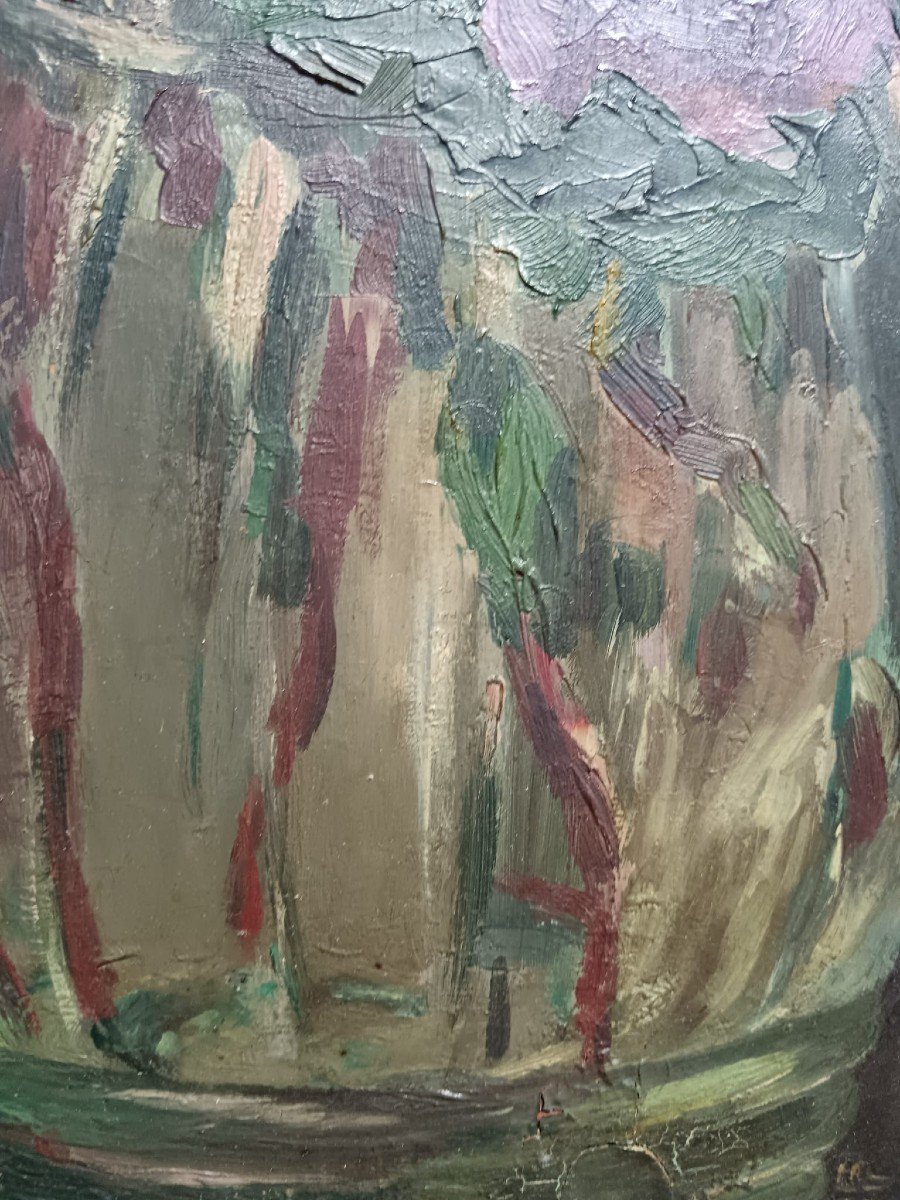 Stéphane De Trenqualye. Huile sur panneau de contreplaqué "bouquet de fleurs" 66,8 X 56 Cm-photo-3