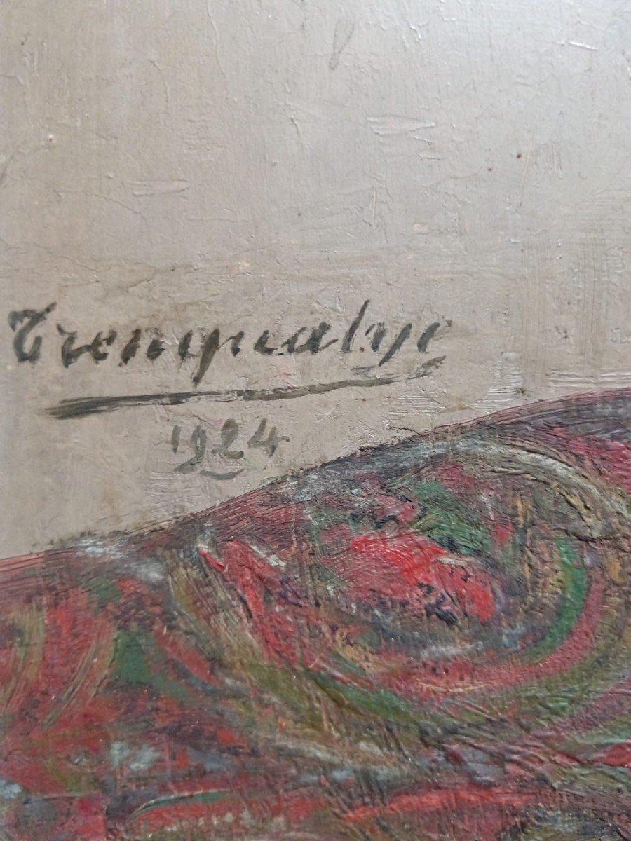 Stéphane De Trenqualye. Huile sur panneau de contreplaqué "bouquet de fleurs" 66,8 X 56 Cm-photo-5