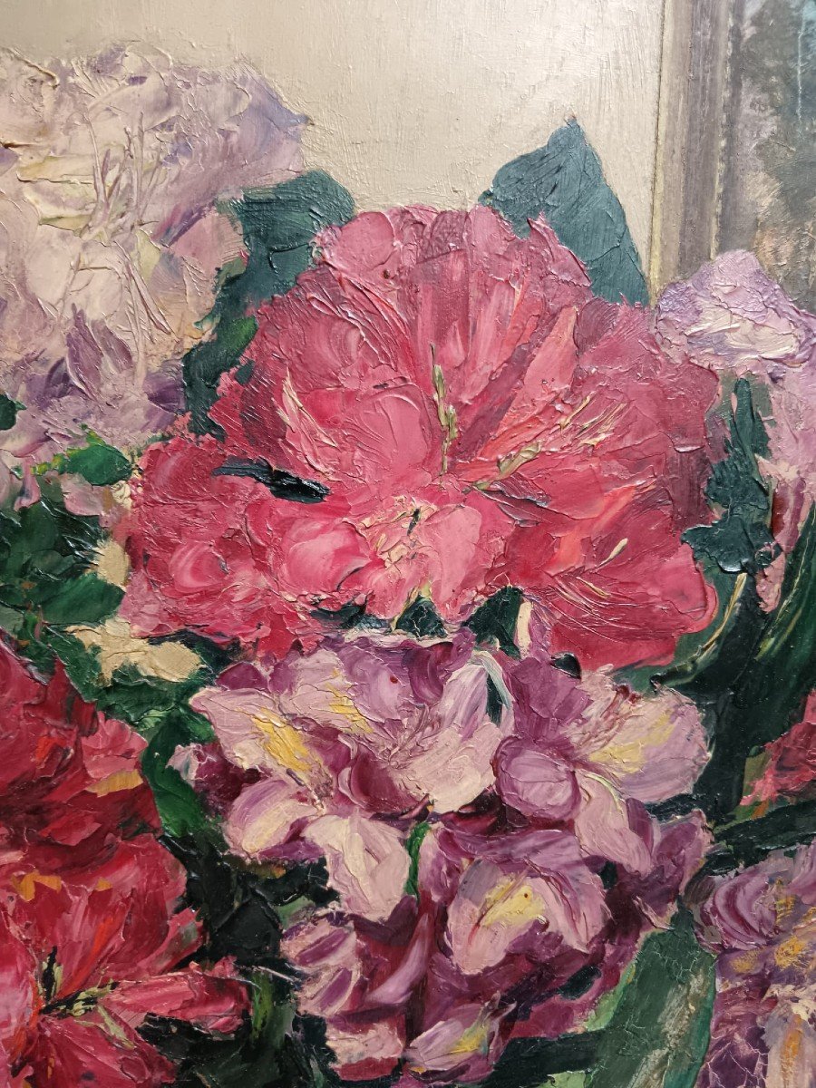 Stéphane De Trenqualye. Huile sur panneau de contreplaqué "bouquet de fleurs" 66,8 X 56 Cm-photo-8