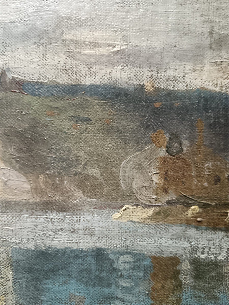 Ecole néo-impressionniste. Huile sur toile "les petites falaises au bord de l'eau"65 X 40, 5 Cm-photo-2