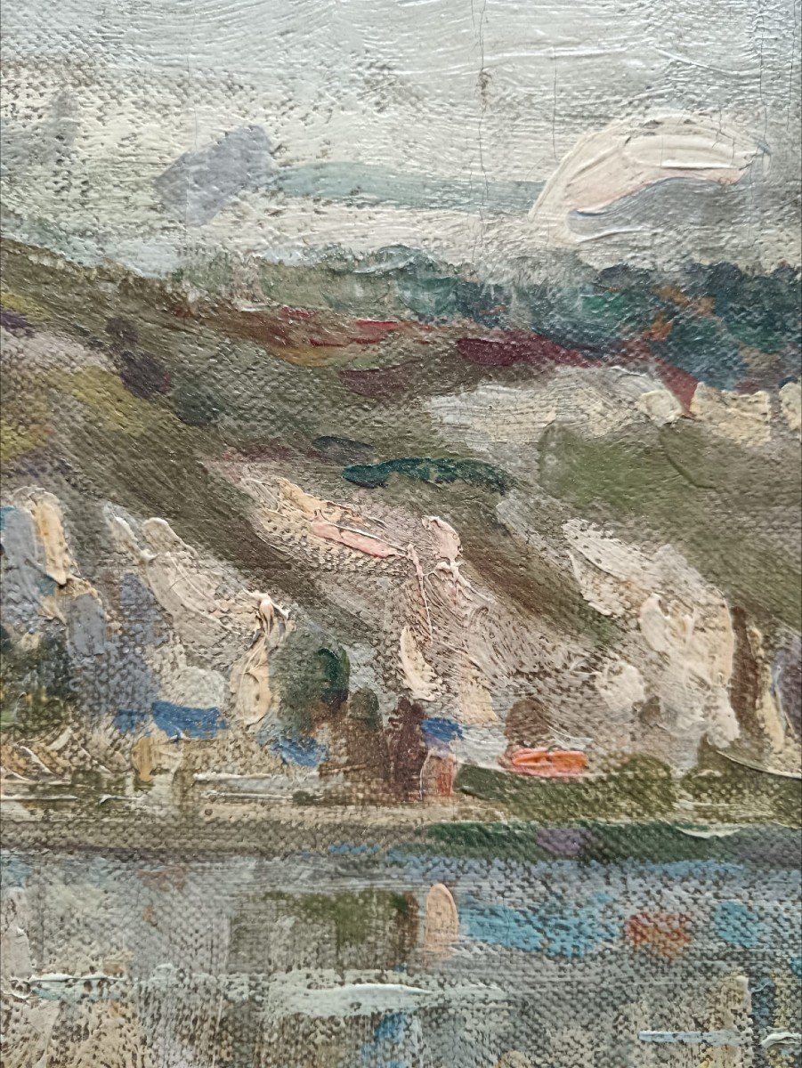 Ecole néo-impressionniste. Huile sur toile "les petites falaises au bord de l'eau"65 X 40, 5 Cm-photo-3