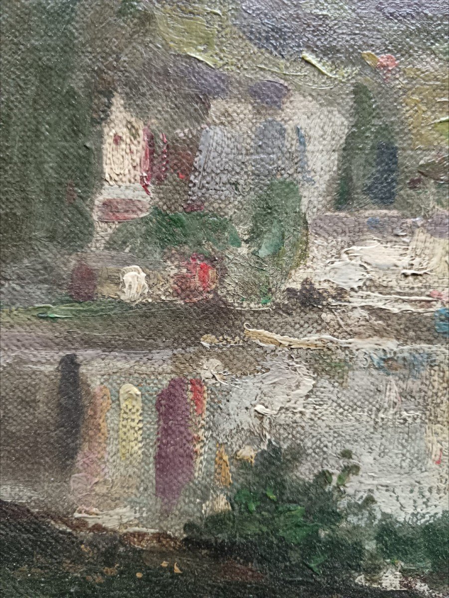 Ecole néo-impressionniste. Huile sur toile "les petites falaises au bord de l'eau"65 X 40, 5 Cm-photo-7