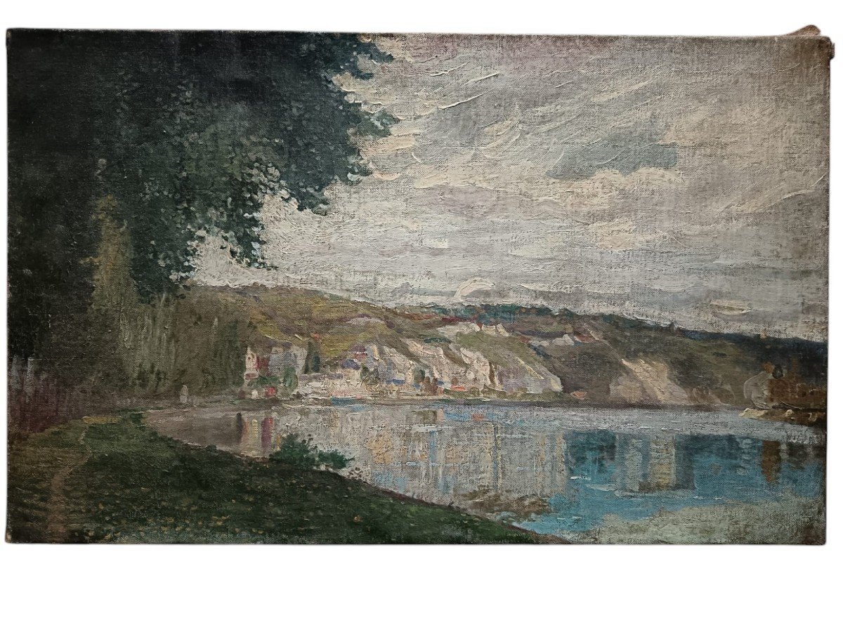 Ecole néo-impressionniste. Huile sur toile "les petites falaises au bord de l'eau"65 X 40, 5 Cm