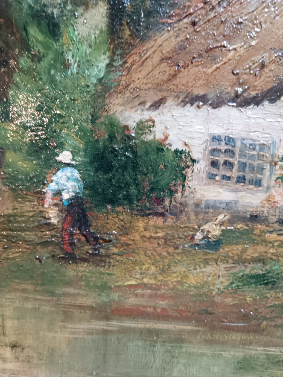 Forêt de la Sprée. Huile sur toile "habitations dans la forêt de la Sprée" 110,8 X 82 Cm-photo-3