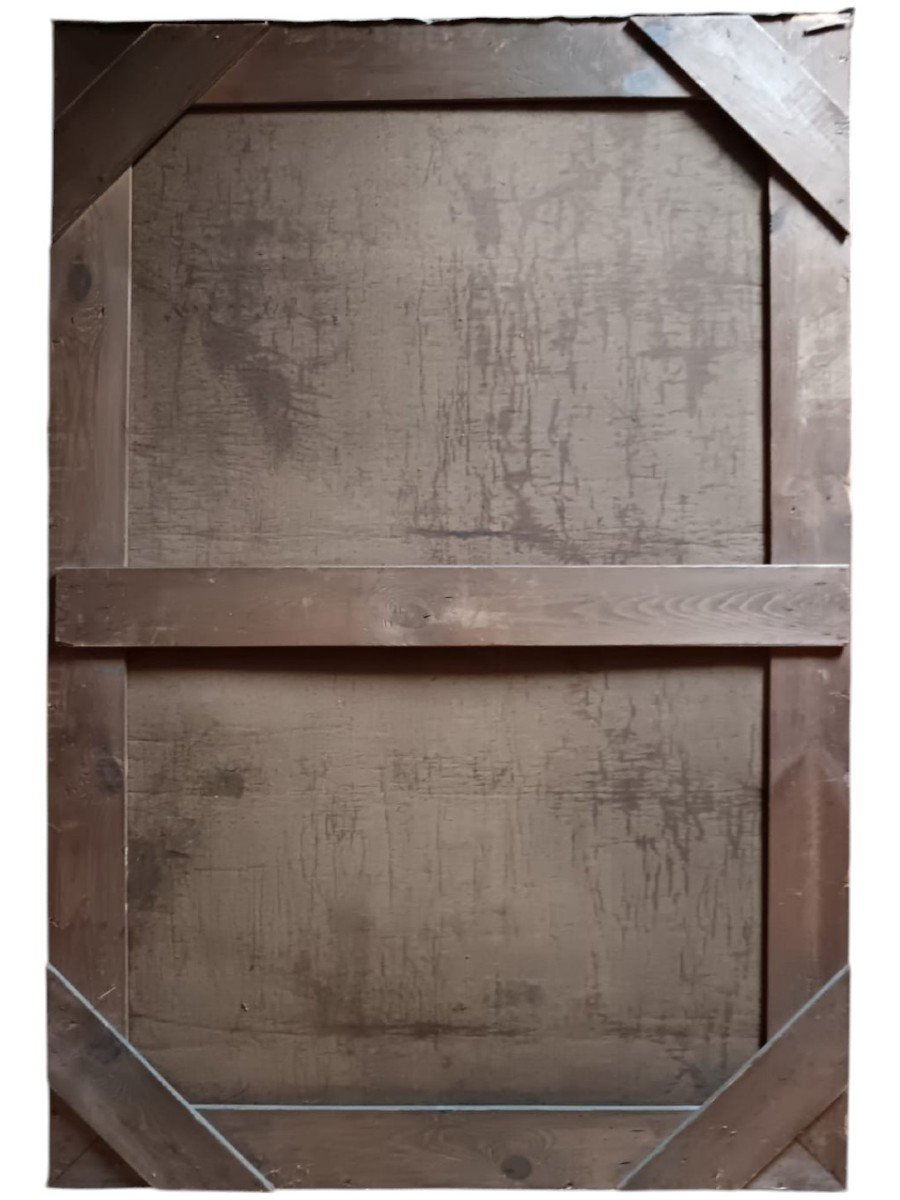 Ecole néo-impressionniste. Huile sur toile "les passants à l'ombre du beffroi" 146 X 99,5 Cm-photo-2