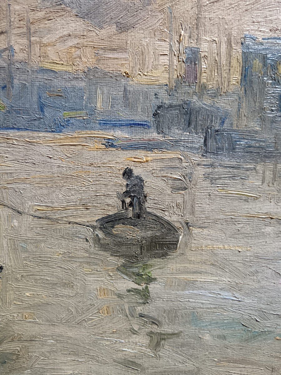Ecole néo-impressionniste. Huile sur toile "l'entrée du port de Stockholm" 100,5 X 68,5 Cm-photo-3