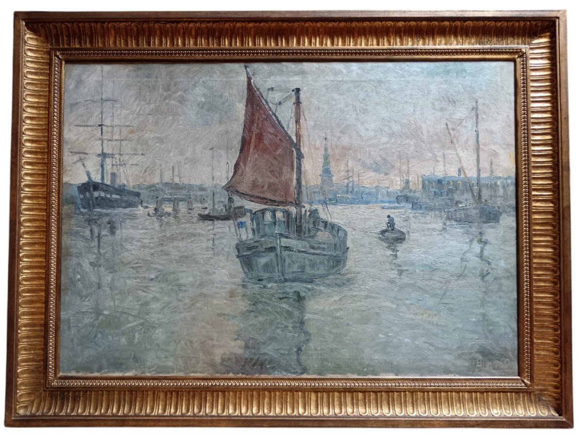 Ecole néo-impressionniste. Huile sur toile "l'entrée du port de Stockholm" 100,5 X 68,5 Cm