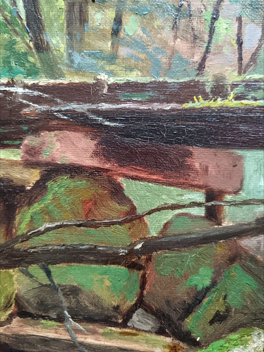 Huile sur toile "le petit canal de bois qui déborde" 61,5 X 46,7 Cm-photo-7