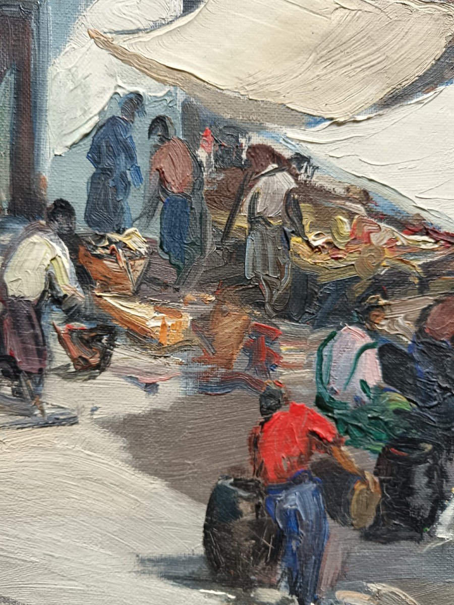 Josep Sarquella. Oil On Canvas Mounted On Cardboard "market Day" 56 X 47 Cm-photo-2