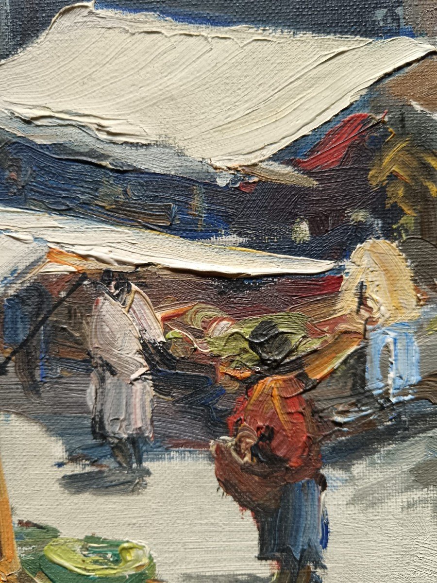 Josep Sarquella. Oil On Canvas Mounted On Cardboard "market Day" 56 X 47 Cm-photo-8