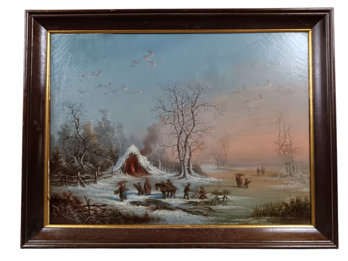 Edouard Ferey. Oil On Canvas "the Bundlers Are Busy In A Freezing Cold" 65 X 49 Cm