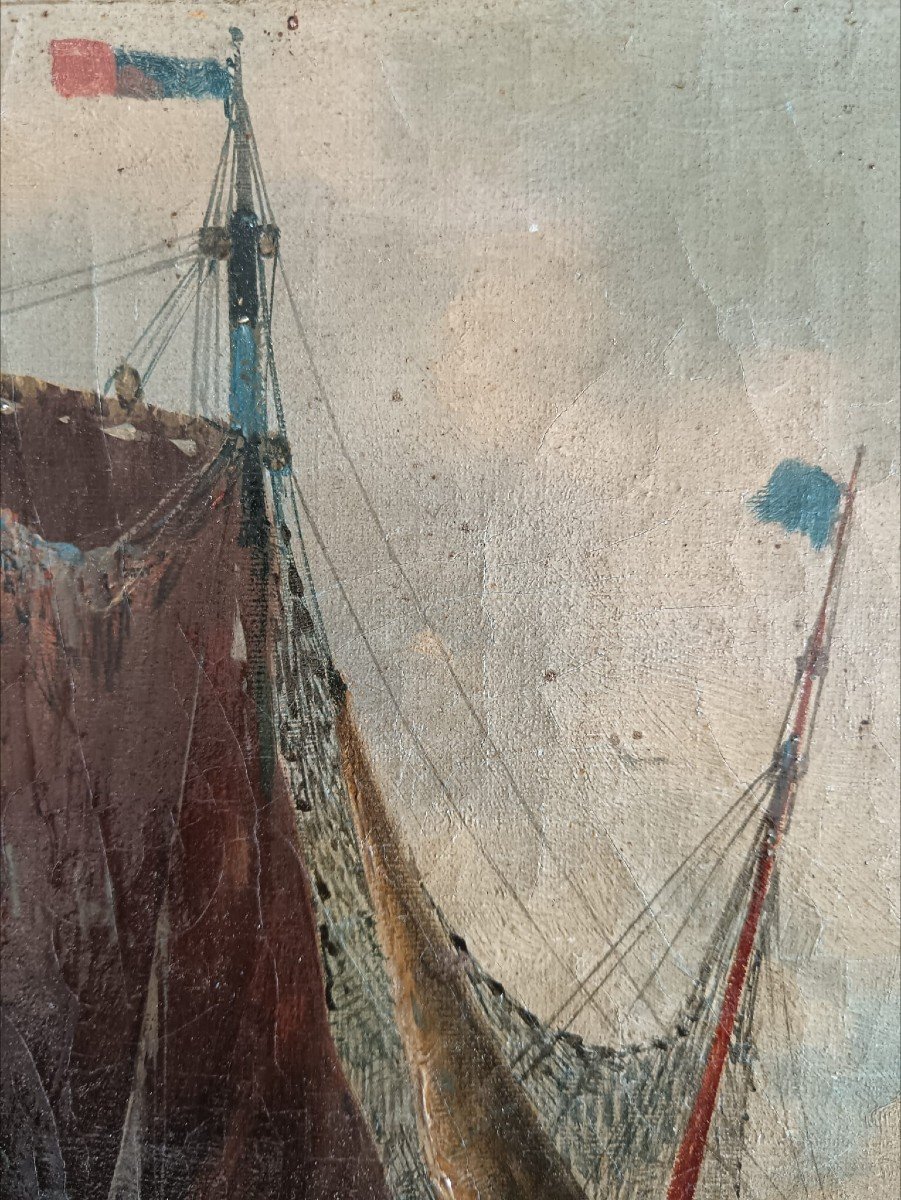 Léo Perla. Oil On Canvas "boats Moored In The Lagoon" 31.6 X 62.8 Cm-photo-5