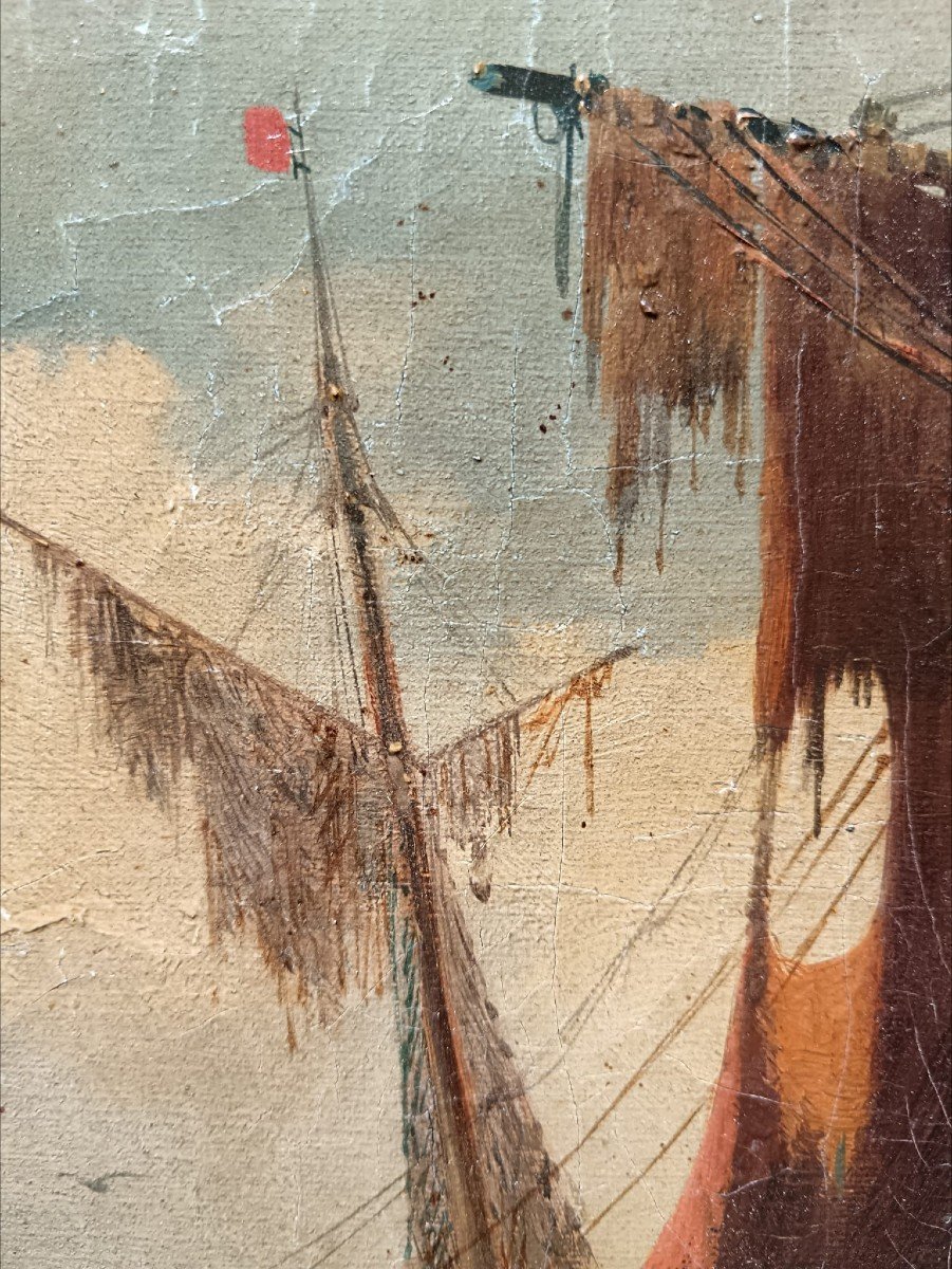 Léo Perla. Oil On Canvas "boats Moored In The Lagoon" 31.6 X 62.8 Cm-photo-8