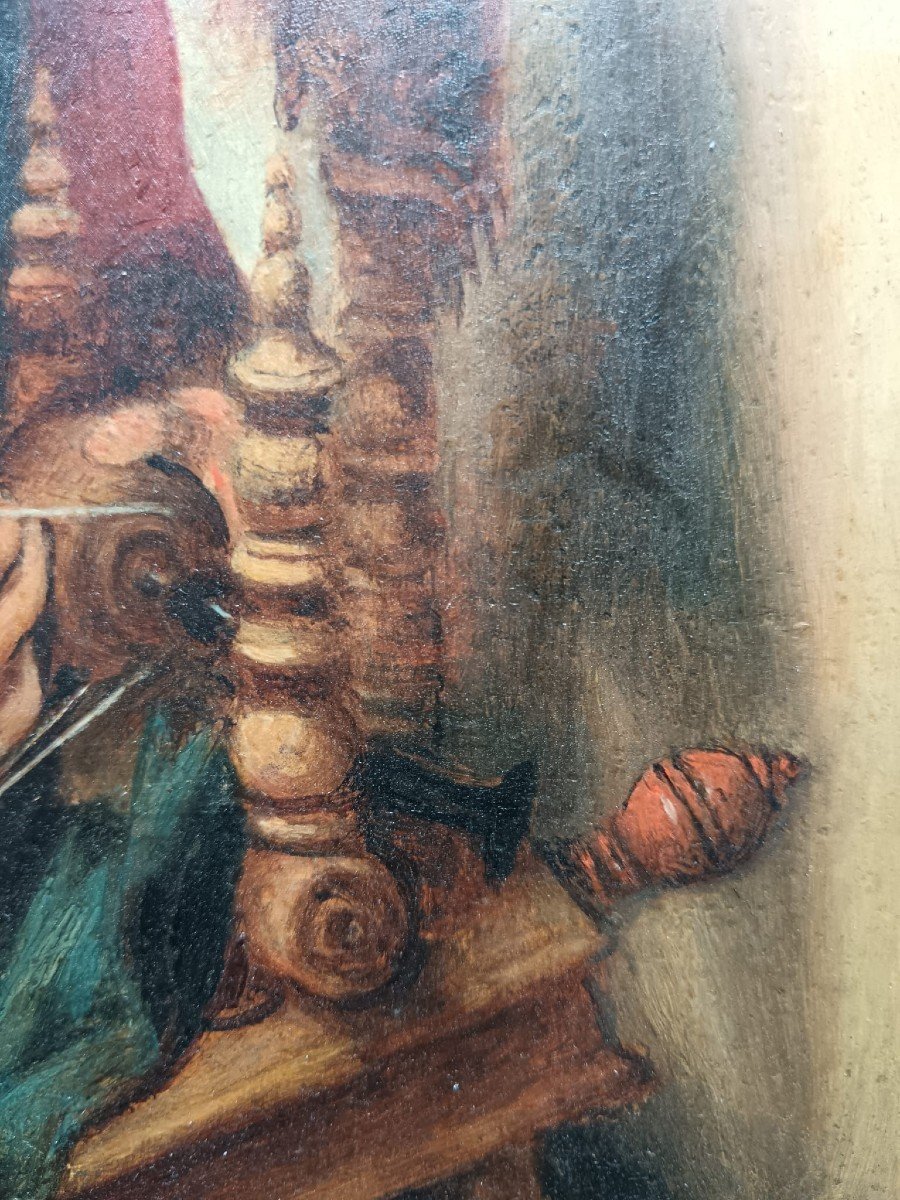 d'après Nicolaes Maes. Huile sur panneau de chêne "vieille femme filant la laine" 40,5 X 32 Cm-photo-2