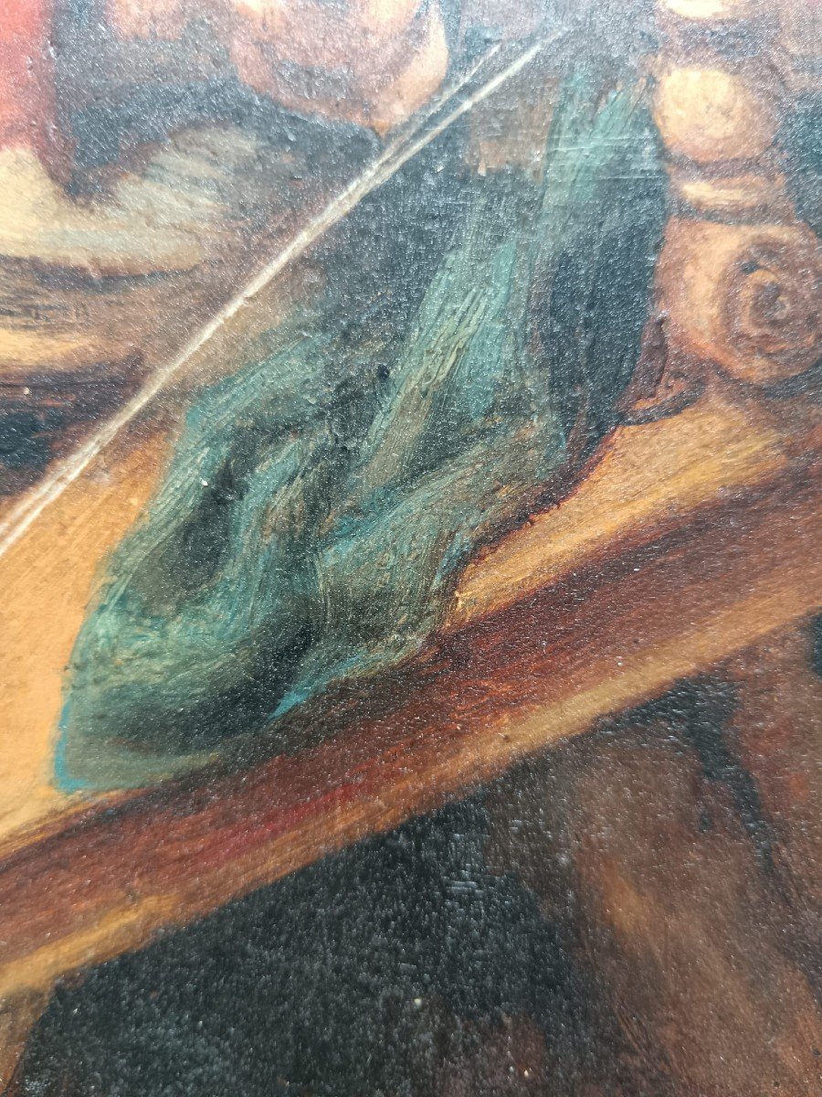 d'après Nicolaes Maes. Huile sur panneau de chêne "vieille femme filant la laine" 40,5 X 32 Cm-photo-3