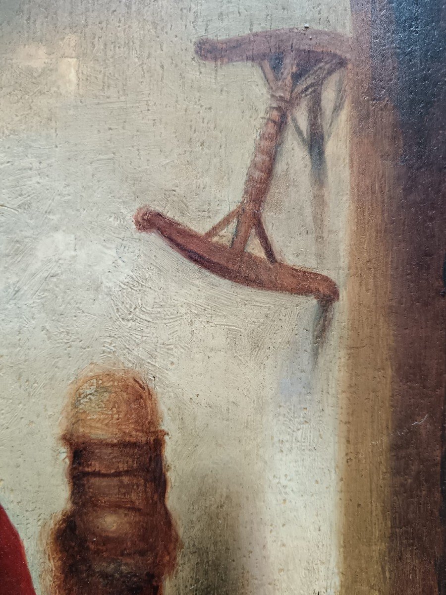 d'après Nicolaes Maes. Huile sur panneau de chêne "vieille femme filant la laine" 40,5 X 32 Cm-photo-5