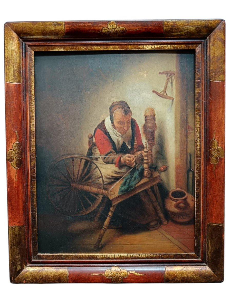d'après Nicolaes Maes. Huile sur panneau de chêne "vieille femme filant la laine" 40,5 X 32 Cm